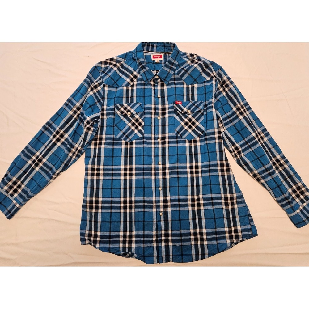Wrangler Men's XL Pearl Snap Western Plaid Shirt Blue Brown Long Sleeve